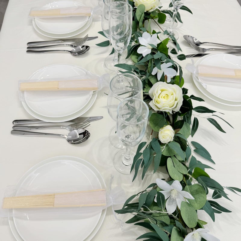 SL crafts 24pcs White Imitated Silk Hand Fan Imitated Silk Fabric Bamboo Handheld Folded Fan Bridal Dancing Props Church Wedding Party Favors with Organza Bags (White) - Image 3